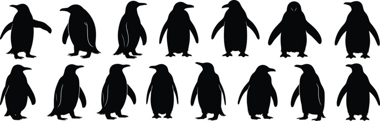 Obraz premium Penguin silhouette collection, black animal icons, wildlife illustration, bird shapes, minimal design, nature art, Arctic species, vector graphics