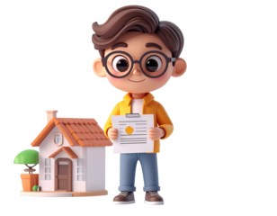 Real estate agent 3D character holding contract next to a house model for property insurance or mortgage concept