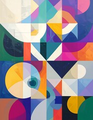 Vibrant geometric shapes and colors create a dynamic abstract design