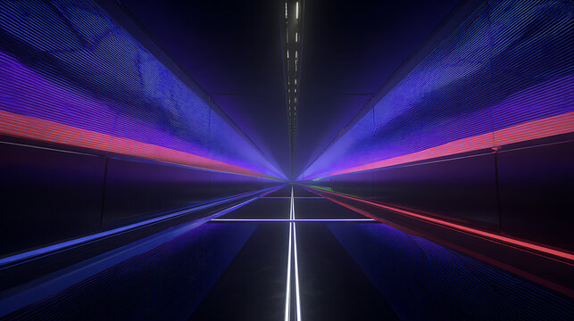 Neon-lit futuristic tunnel with glowing purple and red lines converging into the distance
