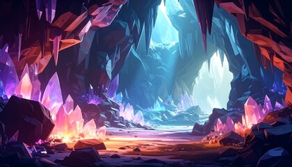 Fantasy cave interior, vibrant crystals