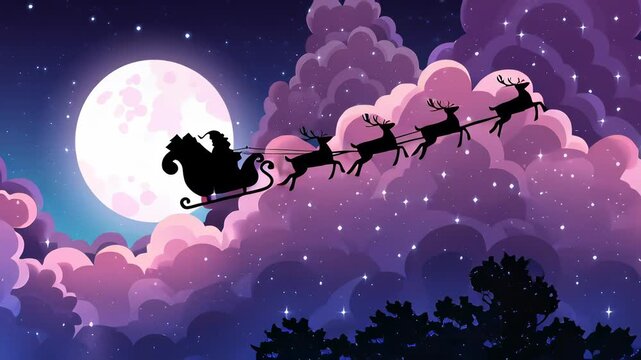 A Christmas scene with Santa Claus riding a sleigh with reindeer. The sky is filled with clouds and the moon is visible in the background