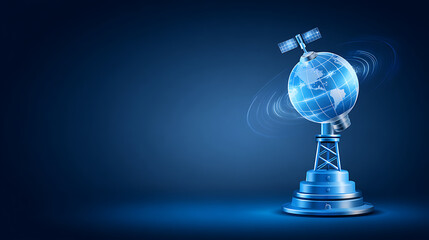 A futuristic globe with satellite and orbiting rings on a stand, illuminated against a dark blue background