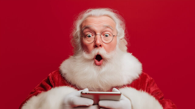 A portrait of an amazed Santa Claus with a white beard, wearing a red suit, reading a book against a bright red Christmas background.