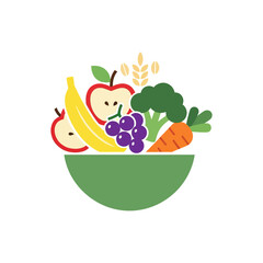 Illustration of a bowl filled with various fruits and vegetables, promoting healthy eating.