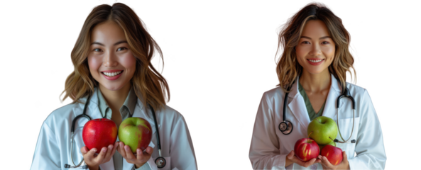 Two smiling female doctors in lab coats holding apples and peaches, isolated on transparent background