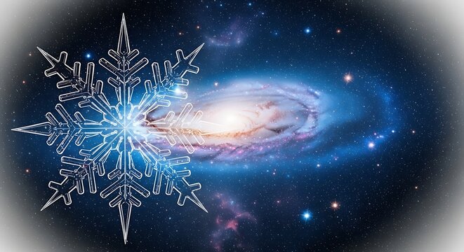 A cosmic snowflake against a backdrop of a swirling galaxy, a celestial fusion of winters delicate beauty and the universes vast expanse - Powered by Adobe