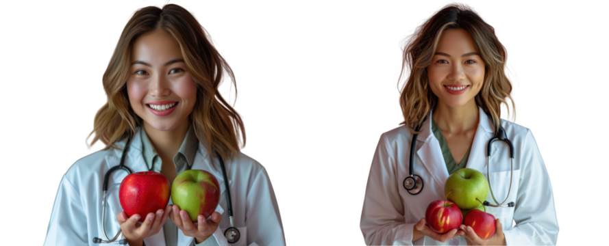Two smiling female doctors in lab coats holding apples and peaches, isolated on transparent background