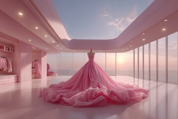 Luxurious pink gown in a modern all-pink room with ocean sunset backdrop.
