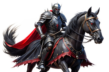 Dark Knight Warrior on cutout Png Black War Horse with Red Cape isolated on a transparent background