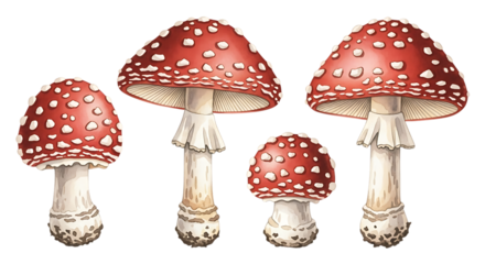 Four red and white spotted fly agaric mushrooms on black background