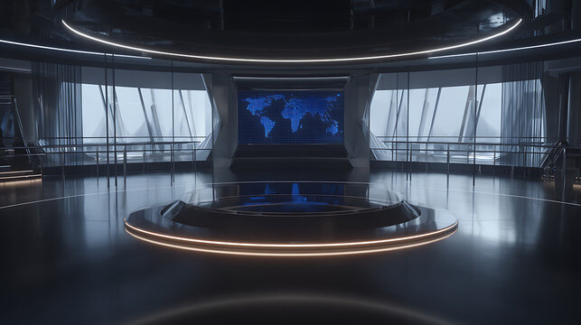 Futuristic control room with illuminated circular platform and world map display