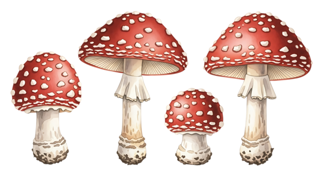 Four red and white spotted fly agaric mushrooms on black background