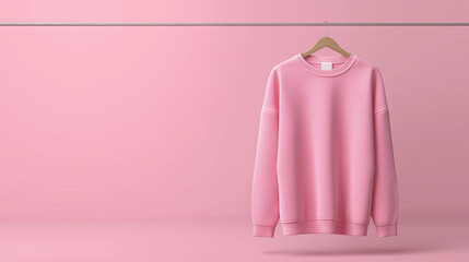 A soft pink sweatshirt neatly hangs on a wooden hanger against a matching pink background, radiating minimal, cozy fashion vibes.