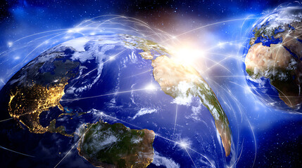 Earth from space with global network connections and illuminated continents