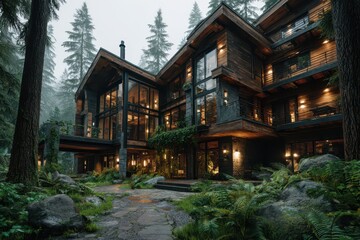 Fototapeta premium Luxurious modern wooden cabin nestled in a serene, misty forest landscape.