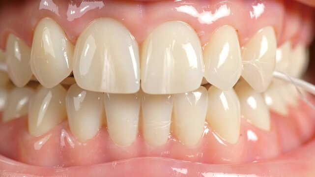 Close-up of a healthy mouth flossing teeth for dental hygiene and oral care.