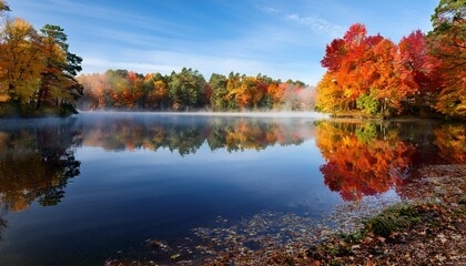 Obraz premium Tranquil Lake With Early Morning Mist Surrounded By Vibrant Autumn Foliage Reflecting On Water