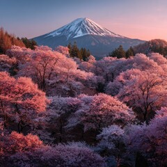 Fototapeta premium A stunning vista of cherry blossoms against a backdrop of a snow-capped mountain, bathed in the soft light of dawn.