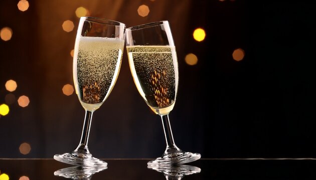 Two Champagne Flutes Filled With Bubbly Champagne On A Reflective Surface Celebration And Elegance