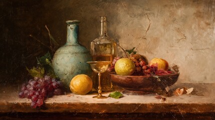Still life oil painting with fruit, bottle, and golden goblet.