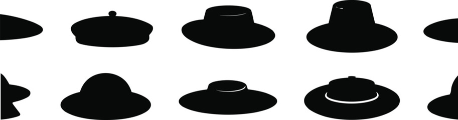 Silhouette collection of stylish hats, fashion accessories, vintage headwear, classic hat designs, black icons, isolated on white background