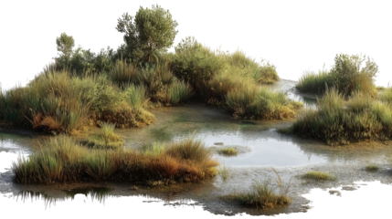 PNG of Serene wetland landscape with lush greenery and reflections in calm water, creating a tranquil natural habitat.