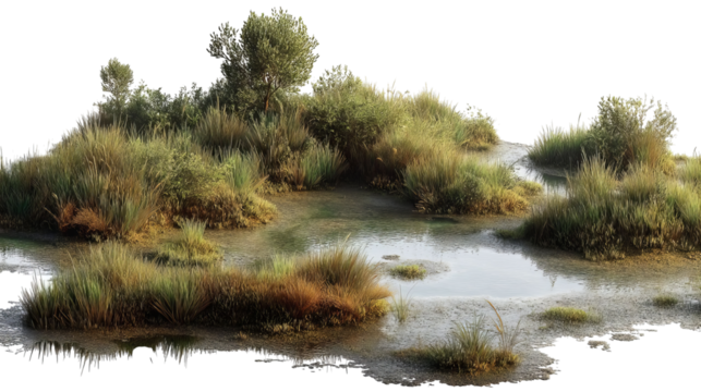 PNG of Serene wetland landscape with lush greenery and reflections in calm water, creating a tranquil natural habitat.