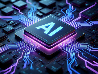 Close-up of AI Microchip with Glowing Blue and Purple Circuits artificial intelligence isolated on a transparent background