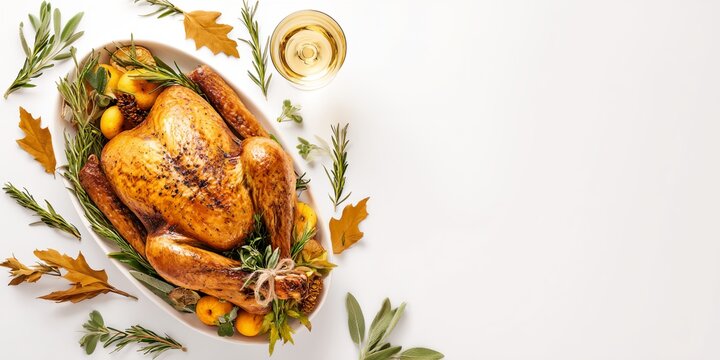 White plate with a roasted turkey on it. - Powered by Adobe