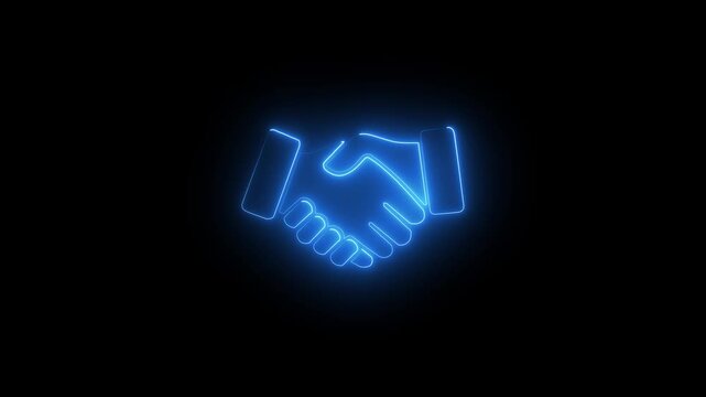 Glowing of shaking hands icon in fill design, animated on a black background. Motion graphics of business concept.4K