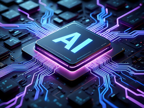 Close-up of AI Microchip with Glowing Blue and Purple Circuits artificial intelligence isolated on a transparent background