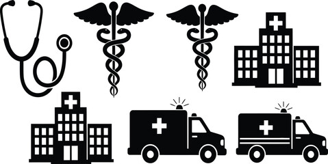 Fototapeta premium Black medical icons stethoscope caduceus hospital building and ambulance medical symbol