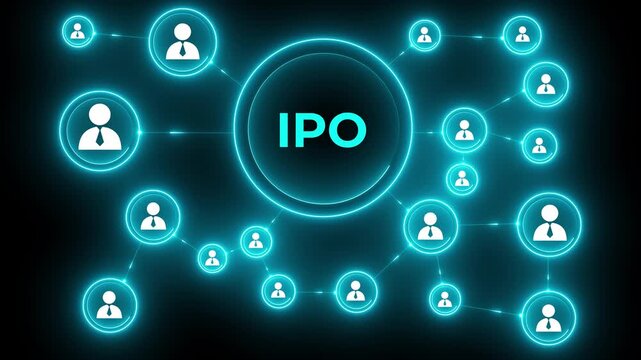 Businessman presses button ipo Initial Public Offering on phone virtual digital interface chart. Glowing neon background, Motion graphics of "IPO" concept. 4k