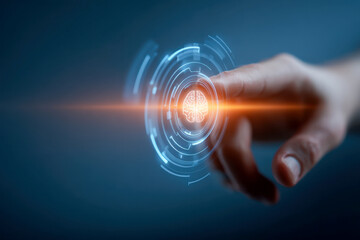 Human finger interacting with a futuristic digital interface displaying a glowing brain icon symbolizing artificial intelligence and cognitive technology innovation
