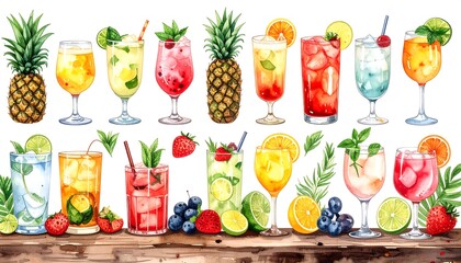Colorful array of drinks on a wooden surface