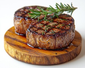 Two grilled steaks on a wooden board with rosemary