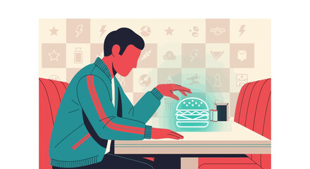 Augmented reality restaurant concept illustrating a man ordering a digital burger at a diner scene