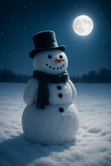 Obraz premium Snowman under the Full Moon on a Winter Night