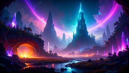 Fantasy landscape with glowing tower