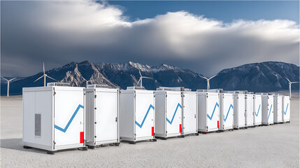 Row of energy storage units in a desert landscape with wind turbines and mountains in the background