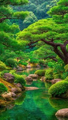 A tranquil scene of a Japanese garden, showcasing lush greenery, reflecting water, and meticulously arranged rocks.