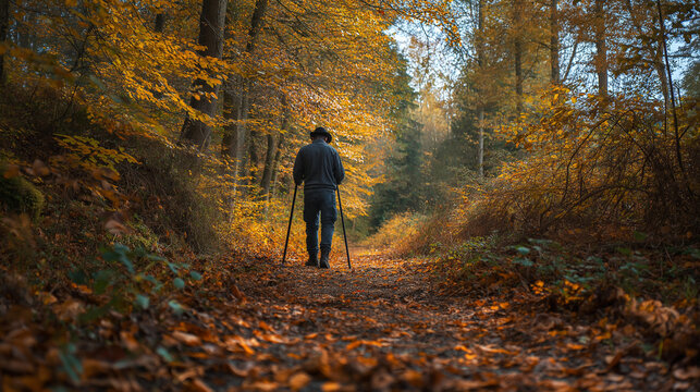 A person uses a metal detector in an autumn forest, surrounded by fallen leaves, warm colors, and a calm, exploratory atmosphere.