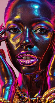 Model showcasing glossy iridescent finish with vibrant colors in artistic closeup