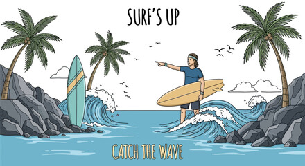 Cartoon illustration capturing a surfer ready to ride the waves on a tropical paradise beach with