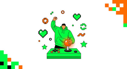 Cartoon illustration of gamer man celebrating victory with pixelated design elements gaming concept