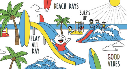 Cartoon illustration showcasing a vibrant beach scene with children playing in a cheerful atmosphere