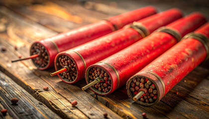 Dangerous Dynamics: An array of dynamic, firecracker, explosives, ready to ignite, poised on a rustic wood surface. Emphasizing the potential for powerful change.