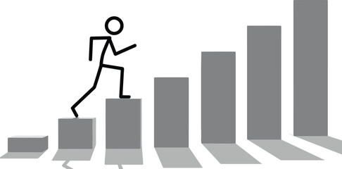 Stick figure climbing growth chart, business success concept, career progress, achievement steps, motivation, leadership, personal development, upward movement, ambition