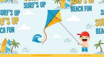 Cartoon Summer beach fun with boy flying kite and surfboards seamless vector background illustration